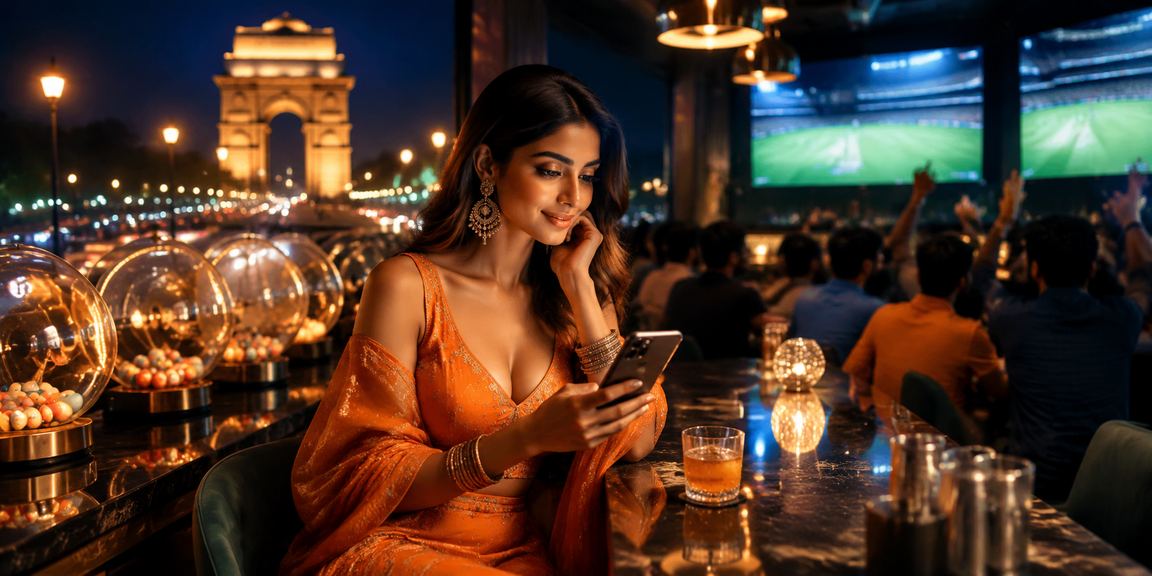 Young Indian woman accessing p40 promotions on smartphone with India Gate in background