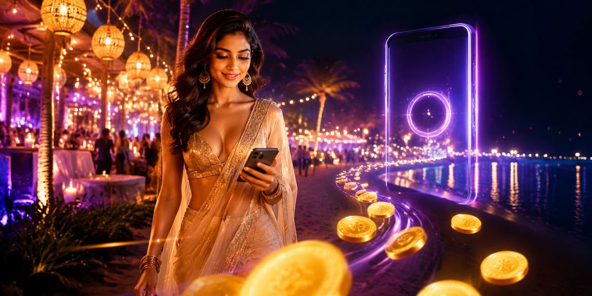 User making mobile payment near a beach in Goa